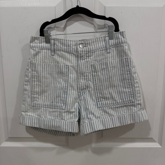 Anthropologie Sundry Striped Denim Shorts Blue White Front Pockets 26 Waist - Picture 1 of 9